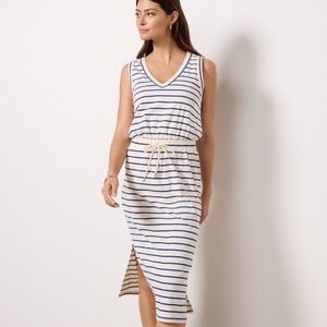 NEW Evereve Alice Striped V Neck Nautical Midi Dress Blue Cream Coastal